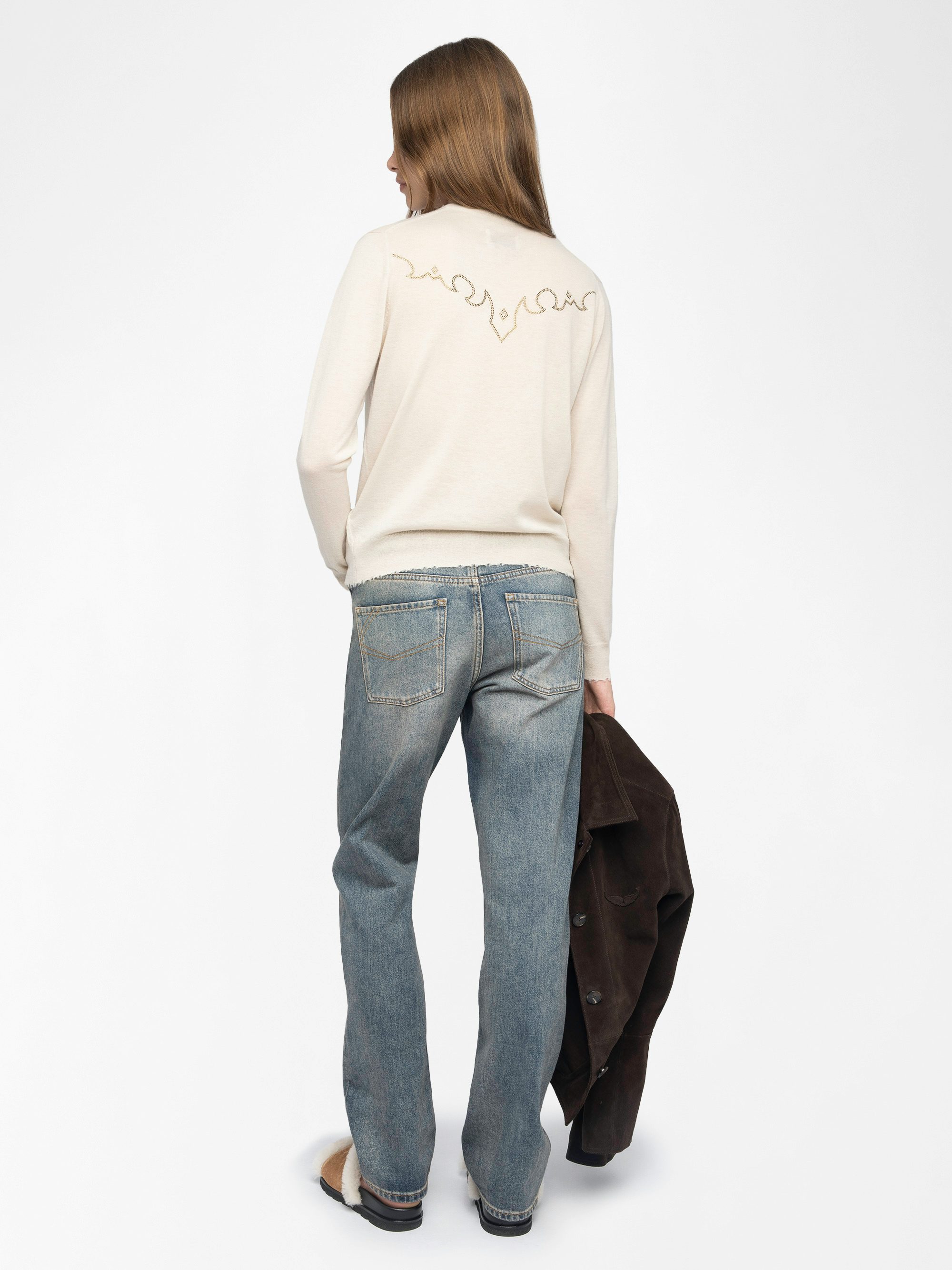 Miss Cashmere Sweater - Round neck sweater with rhinestone skull.